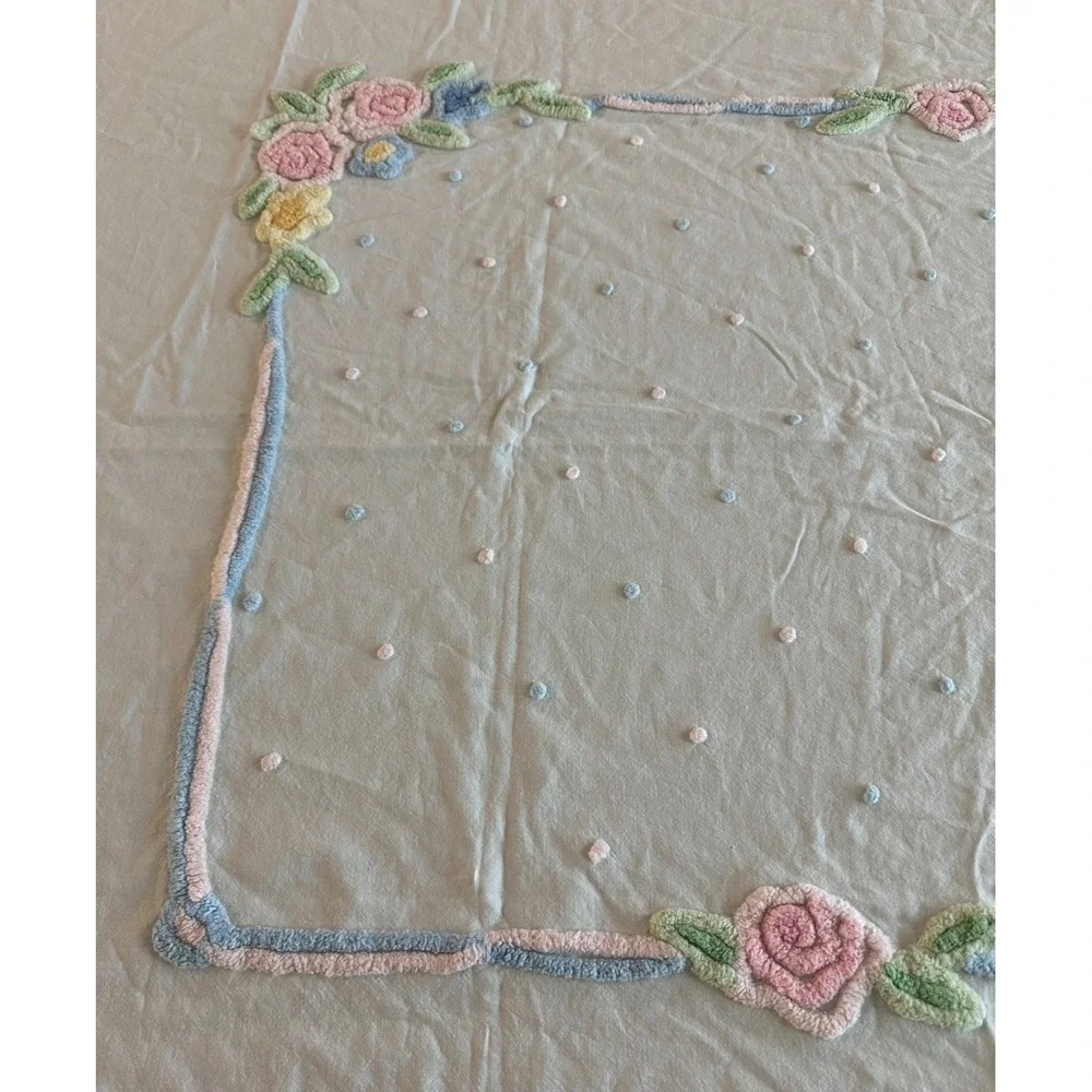 Vintage Hand Embroidered Tablecloth 72x49 Floral Pink‎ Green Yellow Rectangle